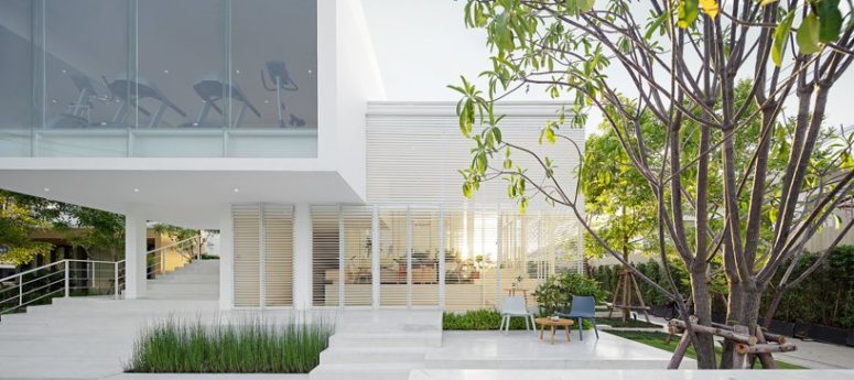 modern minimalist all white deck design Outside, under the trees, you may see a comfy modern sitting zone and an ultra-modern deck with grass