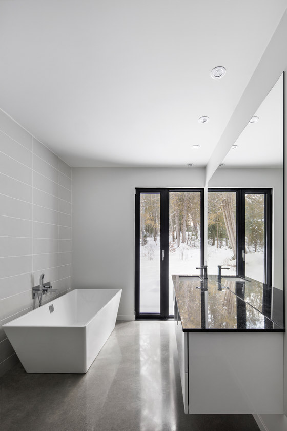 The bathroom is done with an architectural bathtub and a large floating vanity, the views of the nature around are included