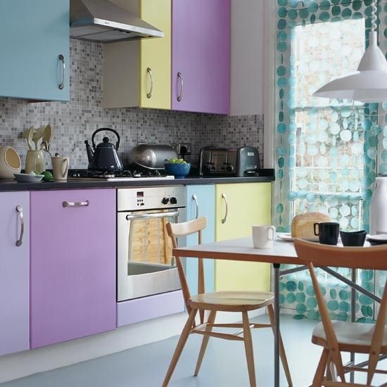 a pastel kitchen with purple, lavender, yellow and blue cabinets for a color block effect
