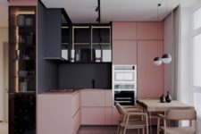 12 a contemporary color block kitchen in pink and black with a sleek and stylish look and a wooden dining set