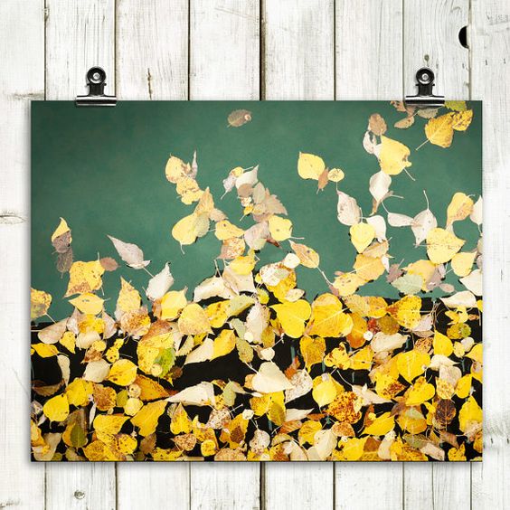 a large wall art with a black backdrop and real fall leaves attached looks very natural and minimalist