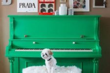 14 a neon green piano and a faux fur stool plus a gallery wall with bright artworks and photos