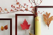 15 pressed fall leaves in frames with acryl for a modern fall display – they seem to be floating in the air