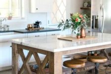 19 a farmhouse kitchen with a rustic kitchen island of wood and a stone countertop to use as a dining table