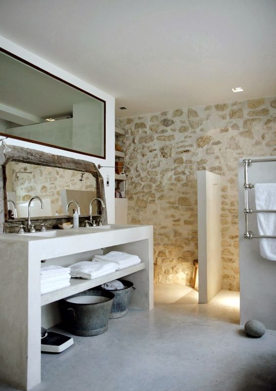 whitewashed stone bathroom walls natural accent