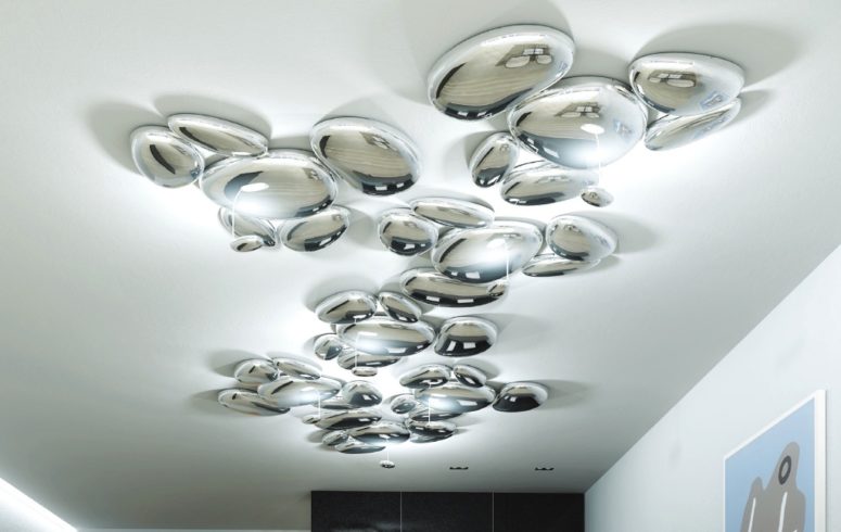 Skydro lamp resembles liquid Mercury glass or metal and is shaped as drops of various sizes
