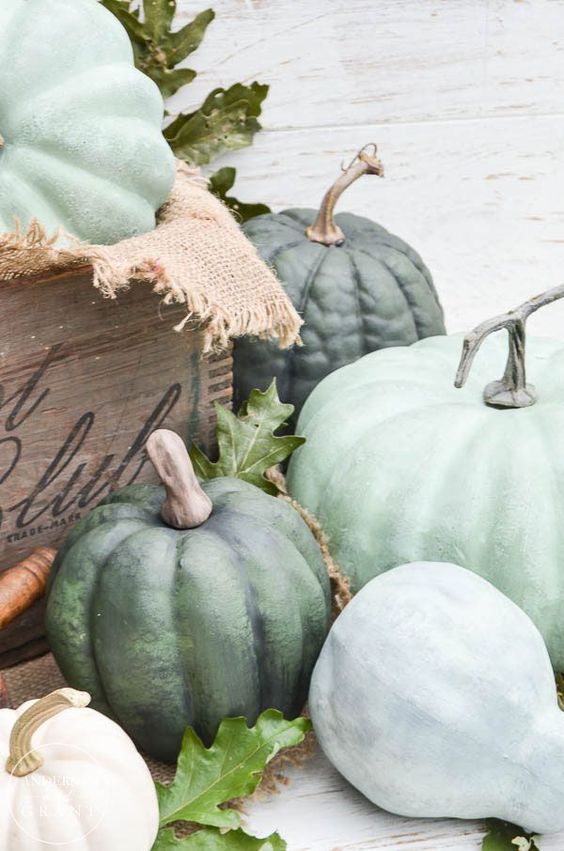 decorate your space with a crate filled with green heirloom pumpkins and some fresh foliage for simple rustic decor