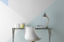 06 a geometric color block wall in the shades of grey and blue is a non-boring decor idea in any space