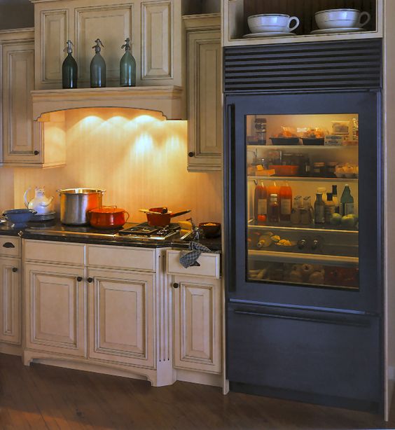 such fridges are available in various colors and with different types and colors of glass to match your space