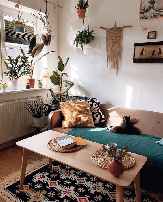 a boho space with a bright printed rug that adds a more free-spirited feel to the space