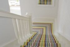 07 a colorful striped carpet is a simple and quick idea to make your staircase bright, colorful and fun