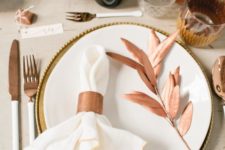 07 a copper napkin ring, cutlery, glasses and a faux leaf copper branch for a chic Thanksgiving place setting
