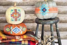07 colorful tribal geometric heirloom pumpkins are ideal for boho Halloween decor