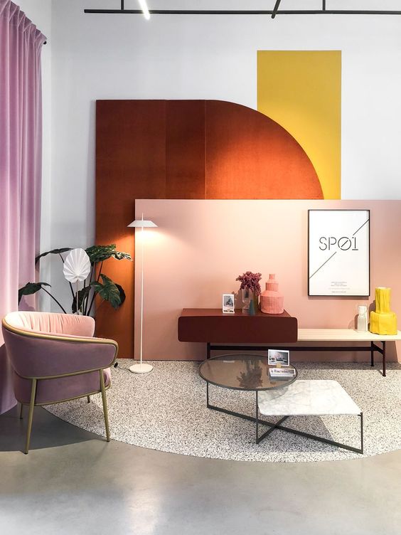 a colorful mid-century modern living room with geometry and various textures