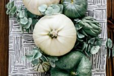 12 a cute natural Thanksgiving centerpiece of white and green heirloom pumpkins and fresh eucalyptus