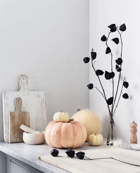 a modern Halloween arrangement with natural pumpkins and a plant dyed black for a modern feel
