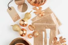 15 copper bowls, leaves, acorns, faux pears and tags will make your tablescape bold, bright and glam-like