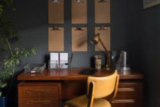 17 a wooden desk, a leather chair and metal touches are great for decorating a mid-century modern space