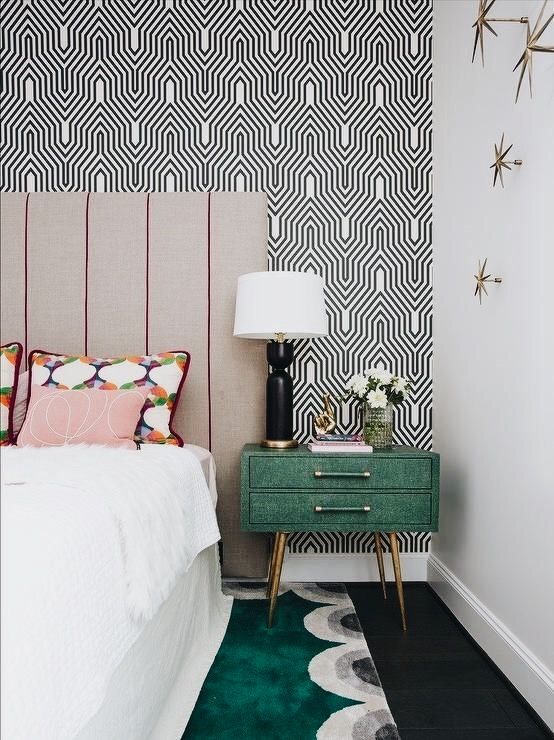 printed geometric wallpaper and a printed rug help creating a cool mid-century modern look