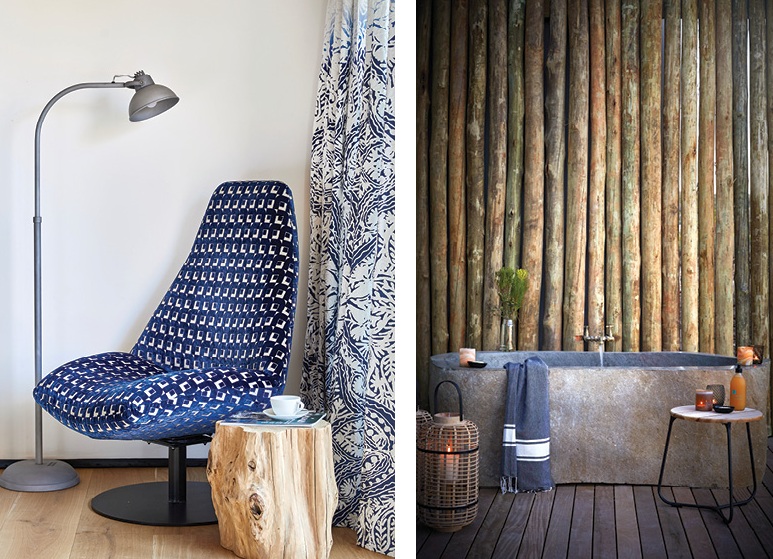 The bathrooms are done with stone bathtubs and rough wood walls, tree stumps are integrated into interiors