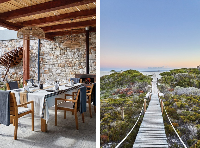 The outdoor dining space is done with a comfy dining set, a hanging fireplace and woven lampshades