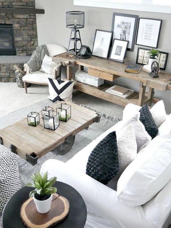 a neutral rustic modern farmhouse with touches of industrial style and wood slices