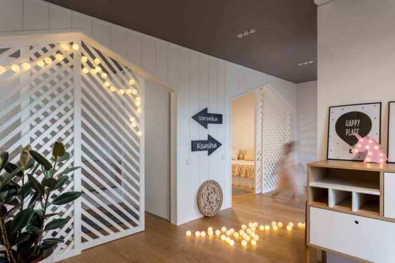 Each kid has her own sleeping space to give them a hint of privacy