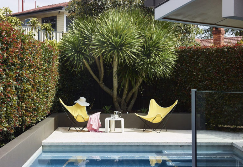 Outside there are living walls that conceal the spaces and the house from the neighbors, and there's a plunge pool and some loungers