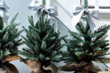 08 a trio of little Christmas trees wrapped in burlap and topped with grey ribbon bows for a cute look