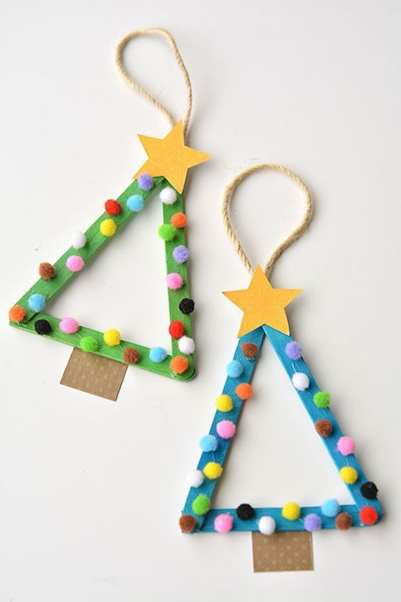 simple Christmas ornaments made of colorful popsicle sticks, pompoms and cardboard stars