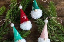 09 little gnome Christmas ornaments of pompoms, colorful cones and beads on top for a fun touch