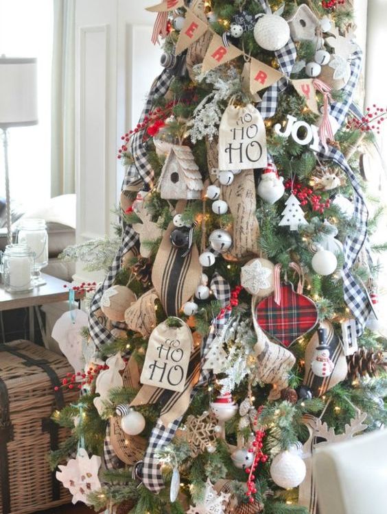 Christmas Tree Rustic Burlap Garland, Jingle Bells Decor 