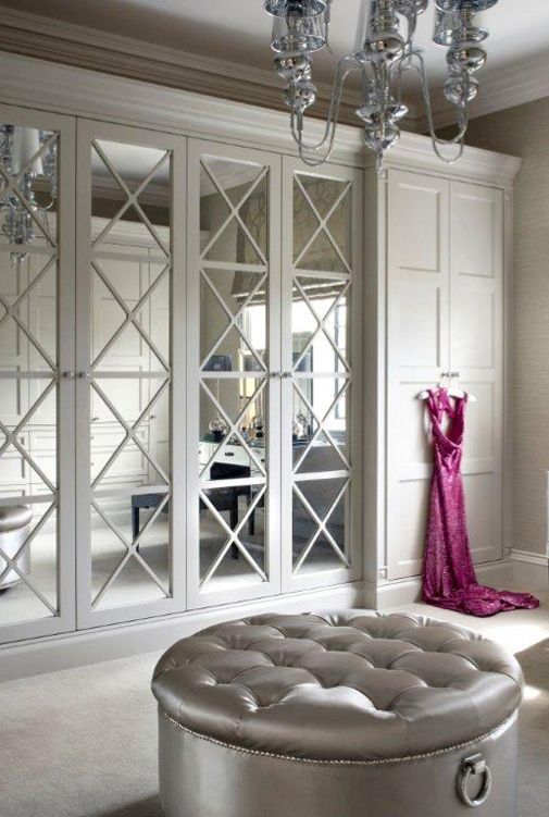 mix framed mirror doors with usual ones keeping the same style with knobs and frame colors