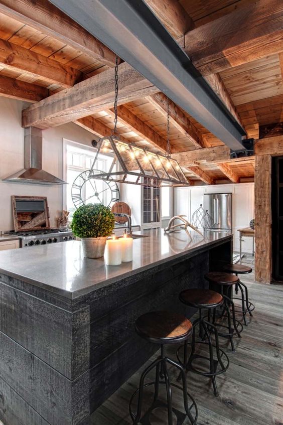 exposed wooden beams on the roof with lamps hanging from them for a fresh modern rustic look