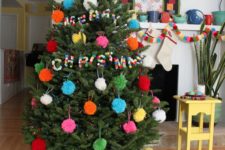 15 all pompom Christmas tree decor with ornaments and pompom letters for fun, so budget-friendly
