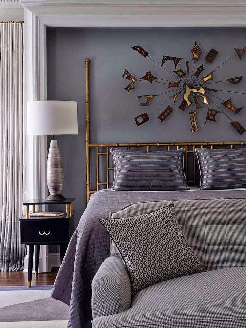 grey to lavender bedroom with darker metals is totally gender neutral and fits both men and women
