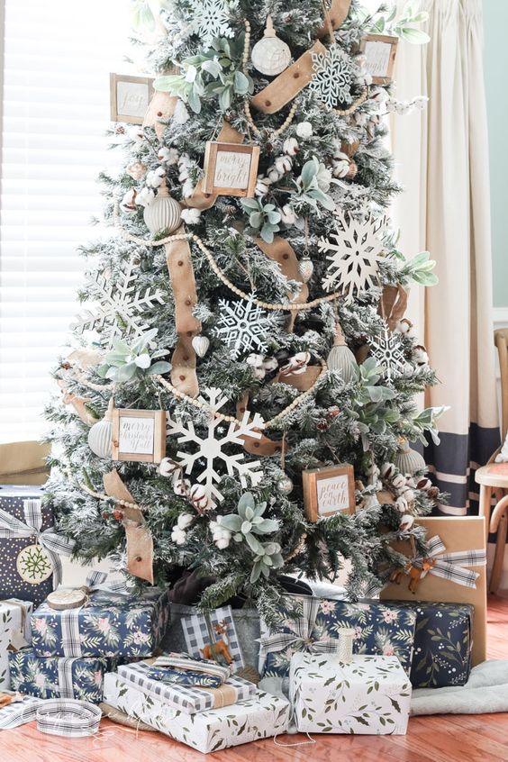 a flocked farmhouse Christmas tree with pale greenery, large cardboard snowflakes, burlap ribbons and little signs in frames