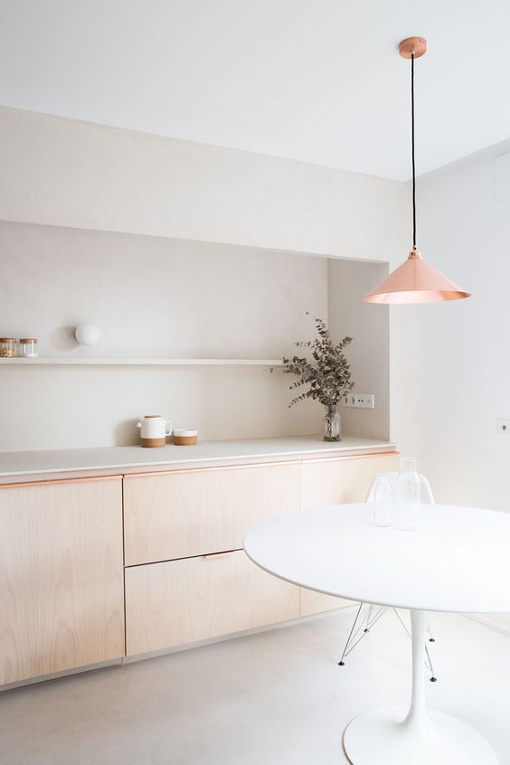add textures with plywood or wood furniture, with a copper lamp to make it bolder