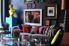 17 an eclectic living room with moody walls and lots of colorful touches will easily fit both men and women