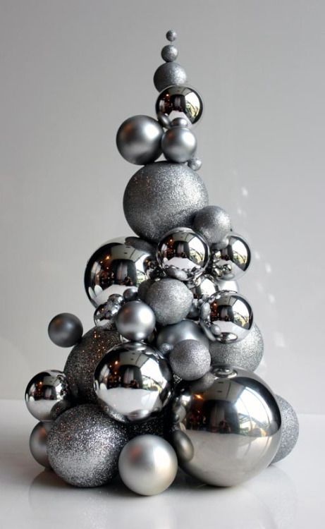 a whimsy Christmas tree of shiny and glitter silver ornaments can be easily DIYed and used as a tabletop one or a centerpiece