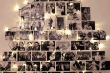 25 a wall-mounted Christmas tree made of photos and decorated with lights is a very personal and intimate idea