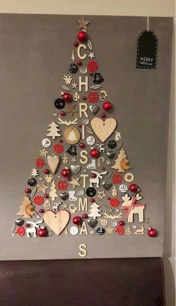 a Christmas tree wall art composed of wooden and usual ornaments, letters and beads is an awesome decoraiton for a modern space