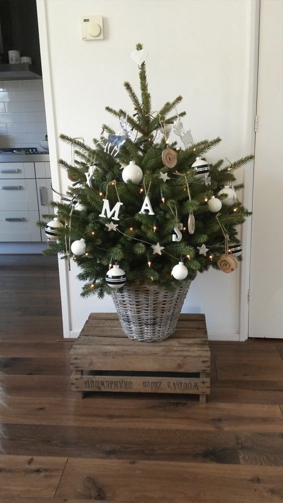 a small Christmas tree on a crate, with white and wood slice ornaments and lights is awesome