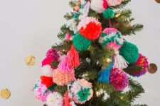 bright pompoms and lights will be nice Christmas decor for your Christmas tree, you can make as many as you need