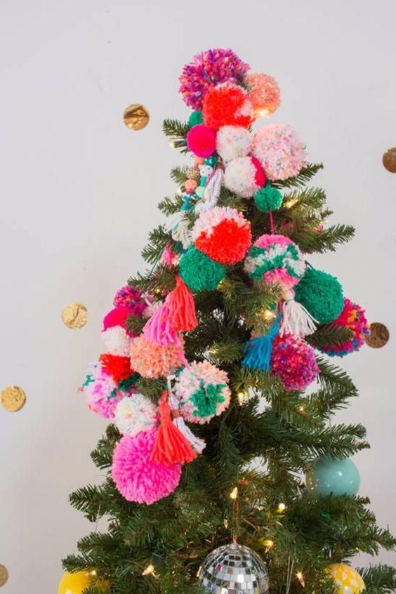 bright pompoms and lights will be nice Christmas decor for your Christmas tree, you can make as many as you need