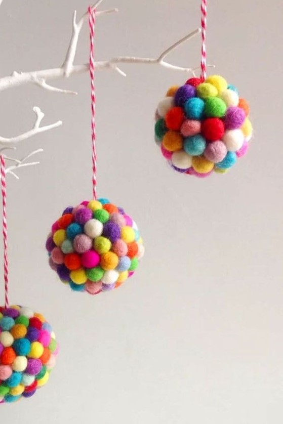 colorful pompom Christmas ornaments are bright decorations to make your Christmas tree funnier and cooler