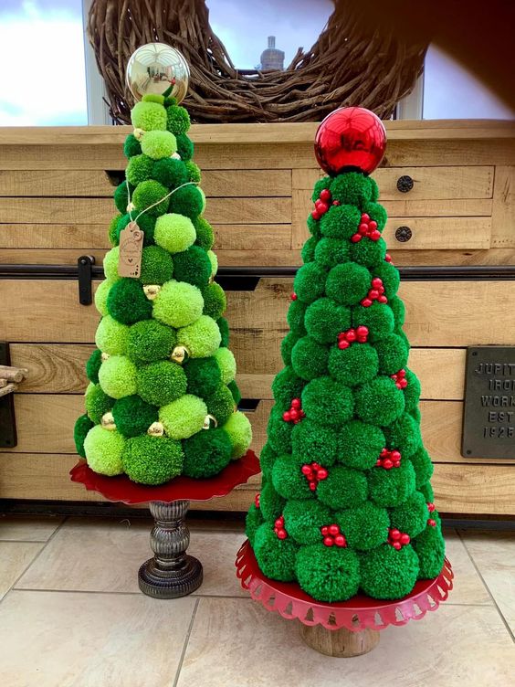 mini cone-shaped pompom Christmas trees with colorful ornaments and tags will be nice tabletop decorations