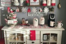 04 a beautifully organized Christmas chocolate and coffee station with snowflakes, penguins, polka dots and plaid touches