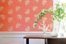 05 a coral botanical print wallpaper wall is great to refresh your breakfast nook and make it warm and inviting