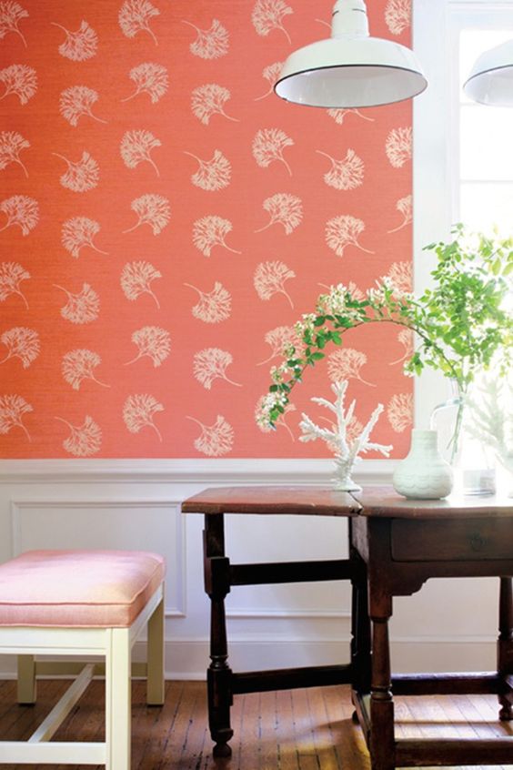 a coral botanical print wallpaper wall is great to refresh your breakfast nook and make it warm and inviting a coral botanical print wallpaper wall is great to refresh your breakfast nook and make it warm and inviting